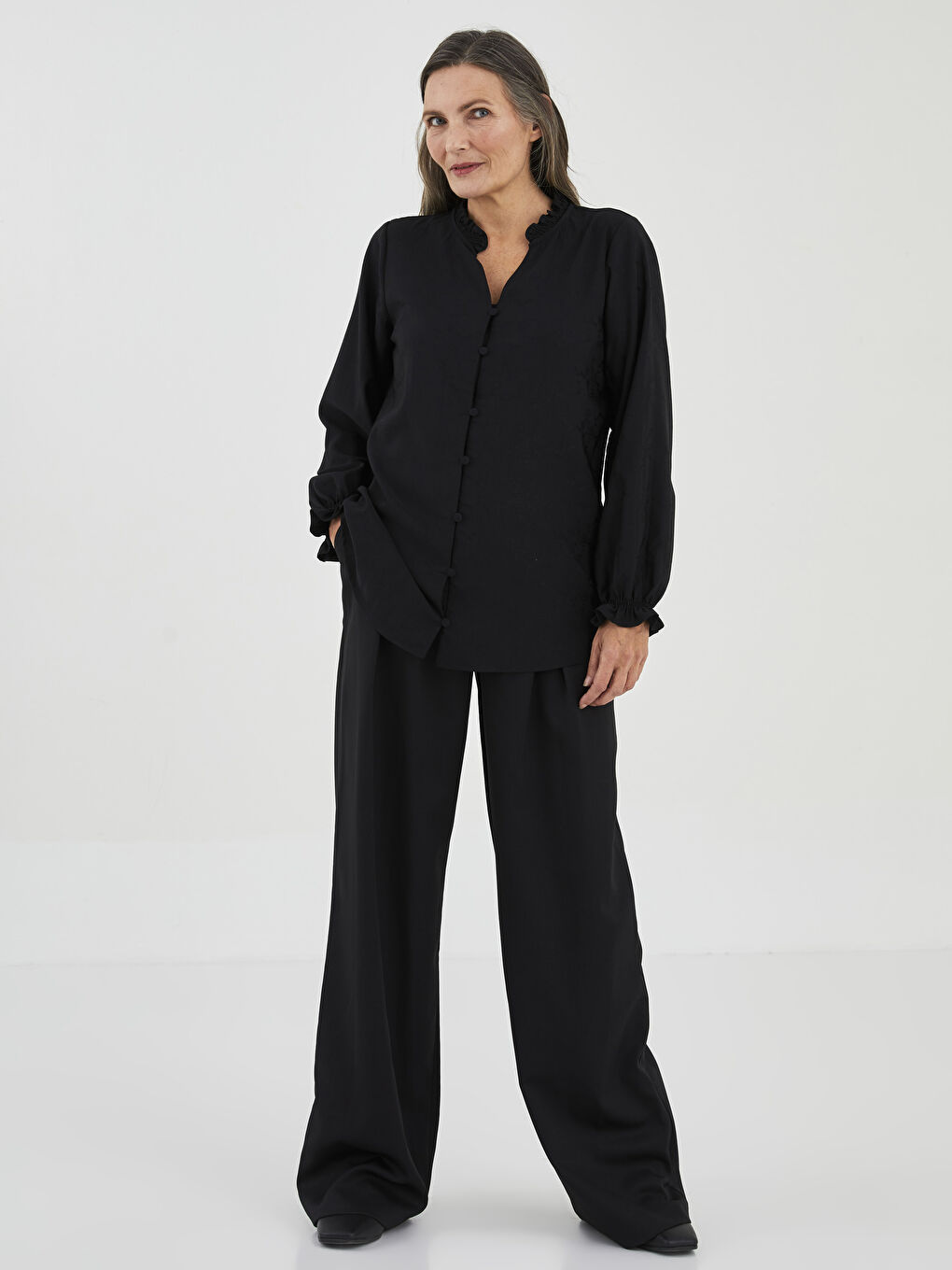 Notch Neck Plain Long Sleeve Women's Shirt -W1L001Z8-MHS