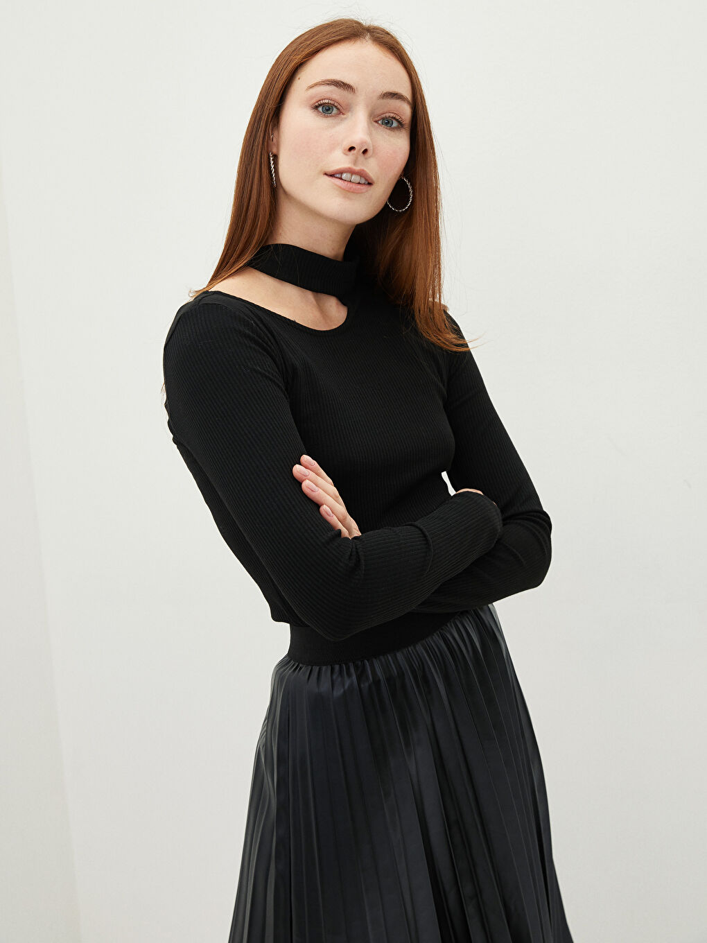 Stand Collar Window Detailed Long Sleeve Women's T-Shirt