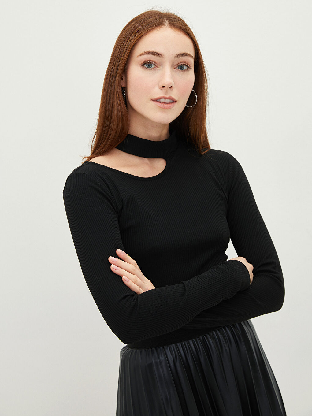 Stand Collar Window Detailed Long Sleeve Women's T-Shirt-2