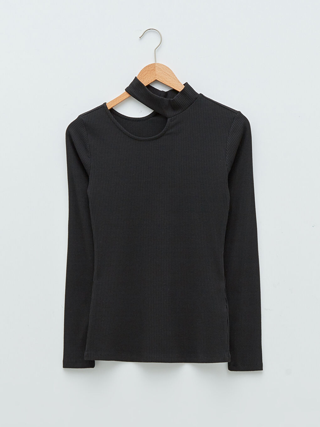 Stand Collar Window Detailed Long Sleeve Women's T-Shirt-5