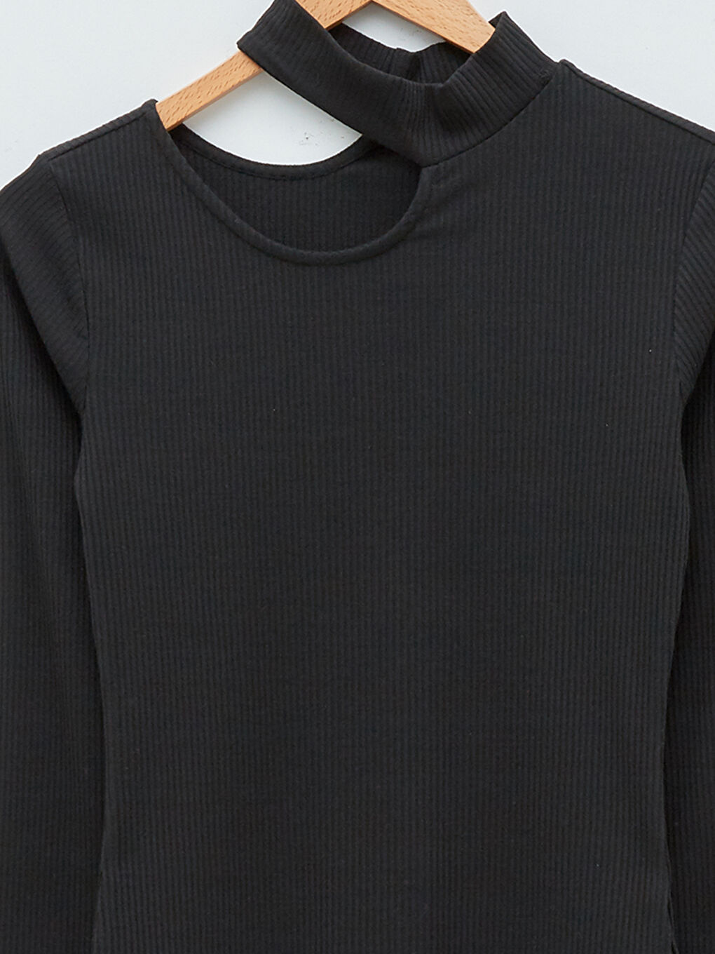 Stand Collar Window Detailed Long Sleeve Women's T-Shirt-7