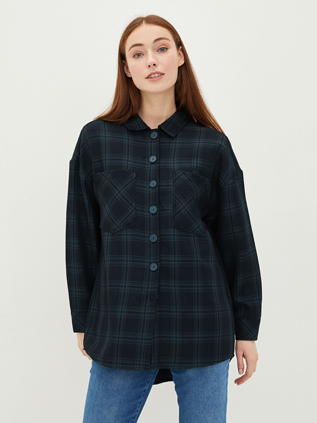 Siyah Ekose Uzun Kollu Oversize Gabardin Kadın Gömlek Tunik