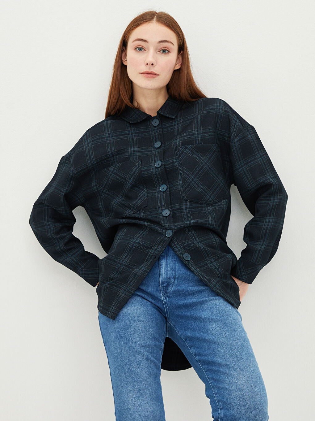 Siyah Ekose Uzun Kollu Oversize Gabardin Kadın Gömlek Tunik-1