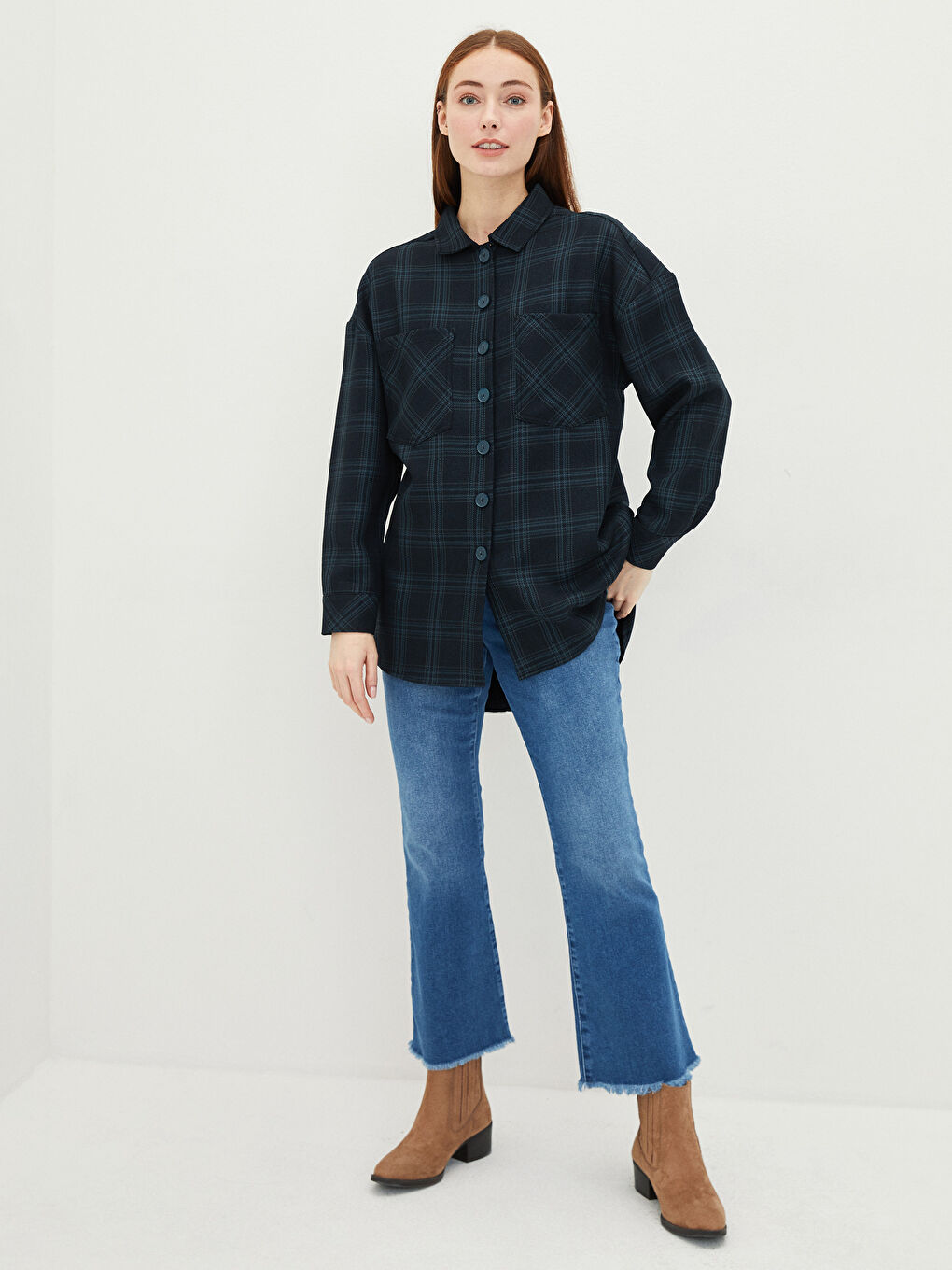 Siyah Ekose Uzun Kollu Oversize Gabardin Kadın Gömlek Tunik-3