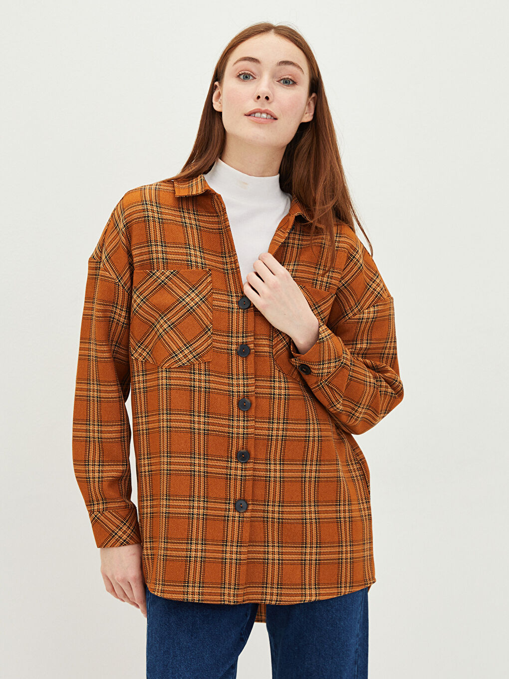LCW Modest Plaid Long Sleeve Oversize Gabardine Women's Shirt Tunic -W1L033Z8-LLL