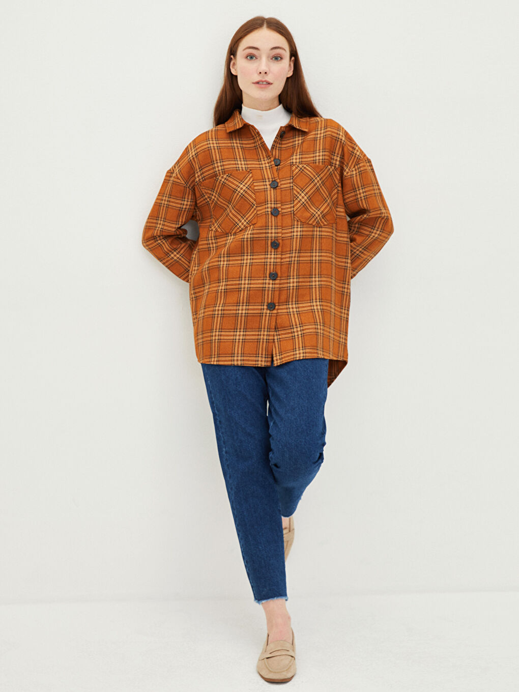 LCW Modest Plaid Long Sleeve Oversize Gabardine Women's Shirt Tunic -W1L033Z8-LLL