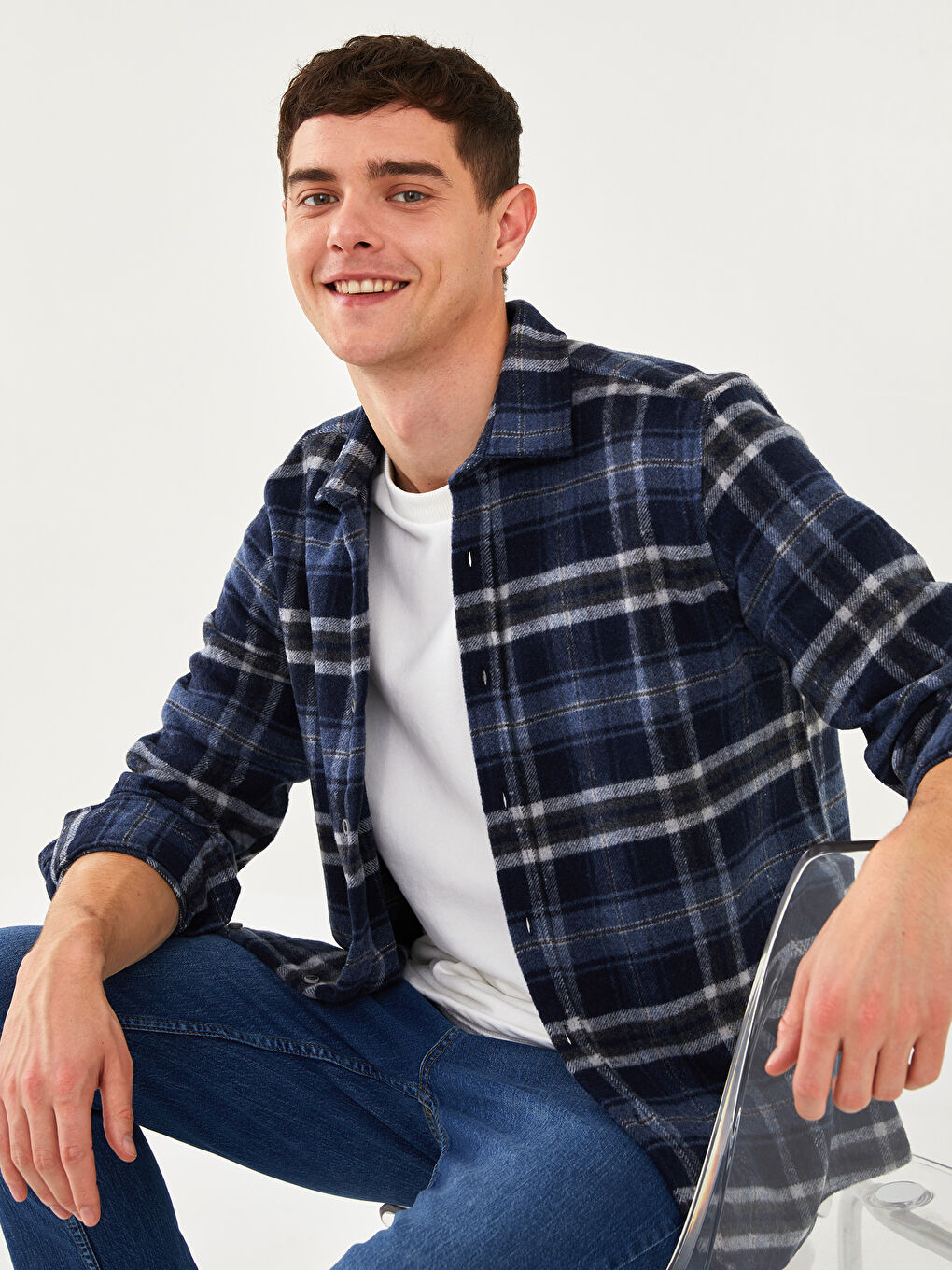 Lacivert Regular Fit Uzun Kollu Ekose Erkek Oduncu Gömlek Ceket