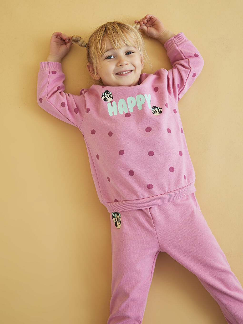 Pembe Bisiklet Yaka Uzun Kollu Nostaljik Maymun Baskılı Pamuklu Kız Bebek Sweatshirt ve Pantolon 2'li Takım-4