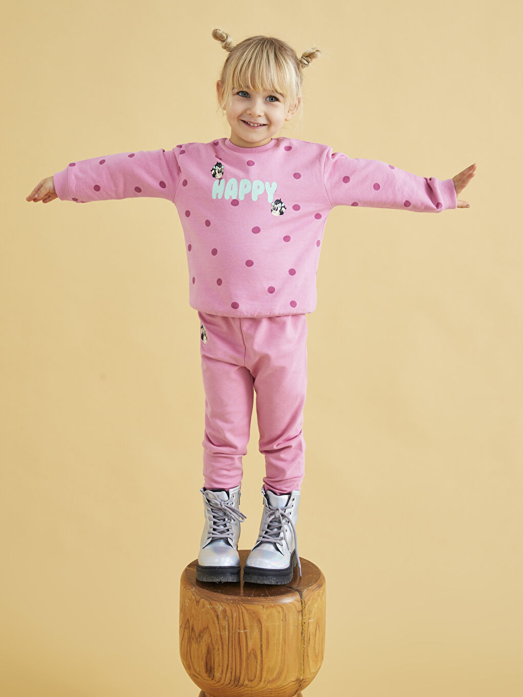 Pembe Bisiklet Yaka Uzun Kollu Nostaljik Maymun Baskılı Pamuklu Kız Bebek Sweatshirt ve Pantolon 2'li Takım