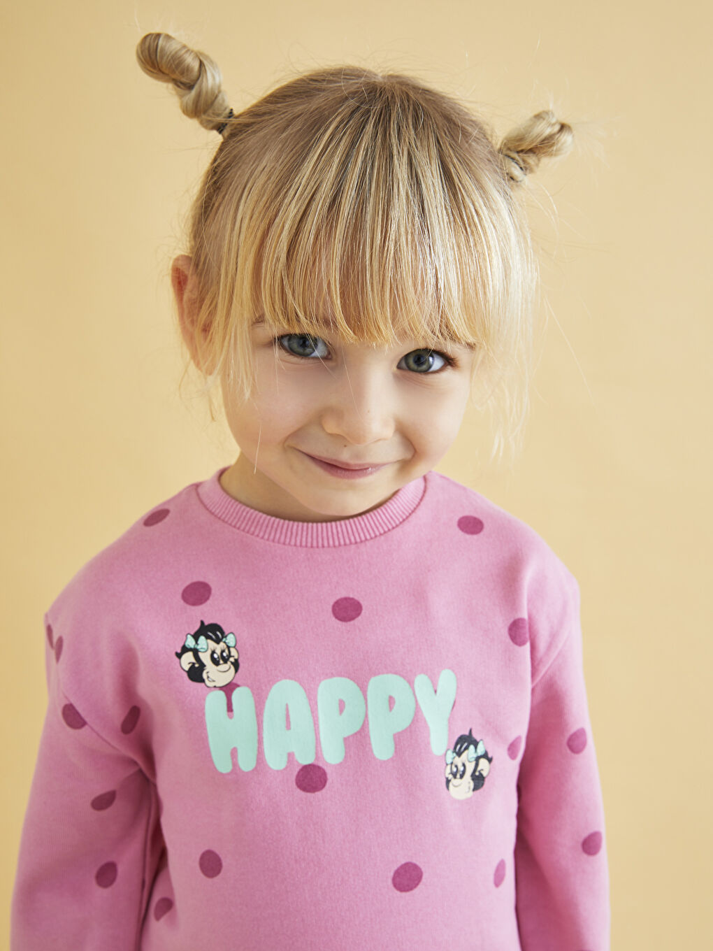 Pembe Bisiklet Yaka Uzun Kollu Nostaljik Maymun Baskılı Pamuklu Kız Bebek Sweatshirt ve Pantolon 2'li Takım-2