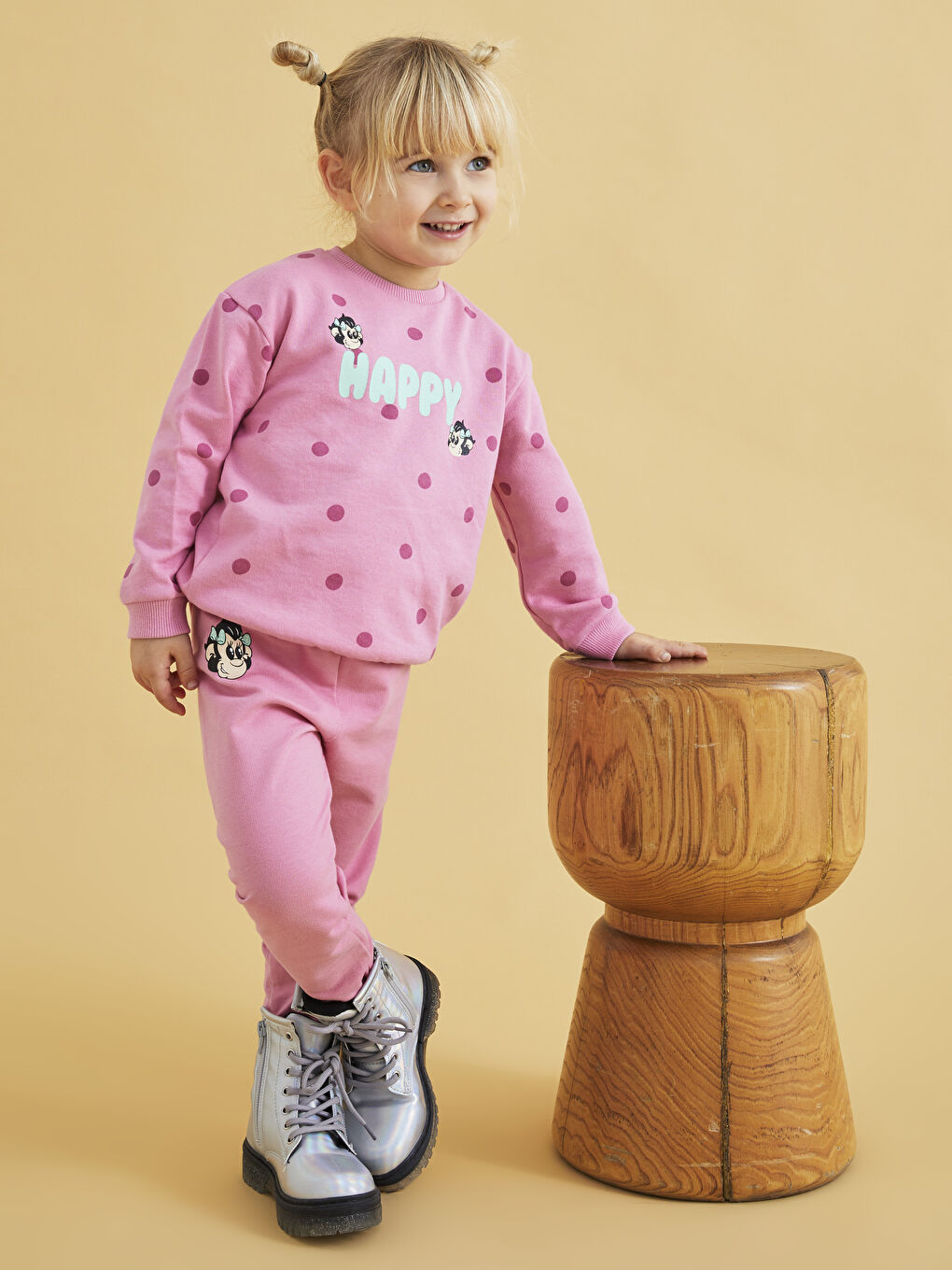 Pembe Bisiklet Yaka Uzun Kollu Nostaljik Maymun Baskılı Pamuklu Kız Bebek Sweatshirt ve Pantolon 2'li Takım-5