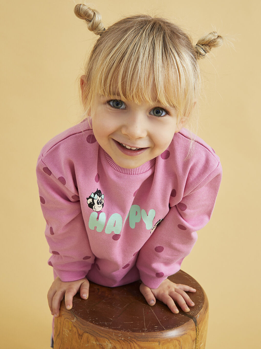 Pembe Bisiklet Yaka Uzun Kollu Nostaljik Maymun Baskılı Pamuklu Kız Bebek Sweatshirt ve Pantolon 2'li Takım-6