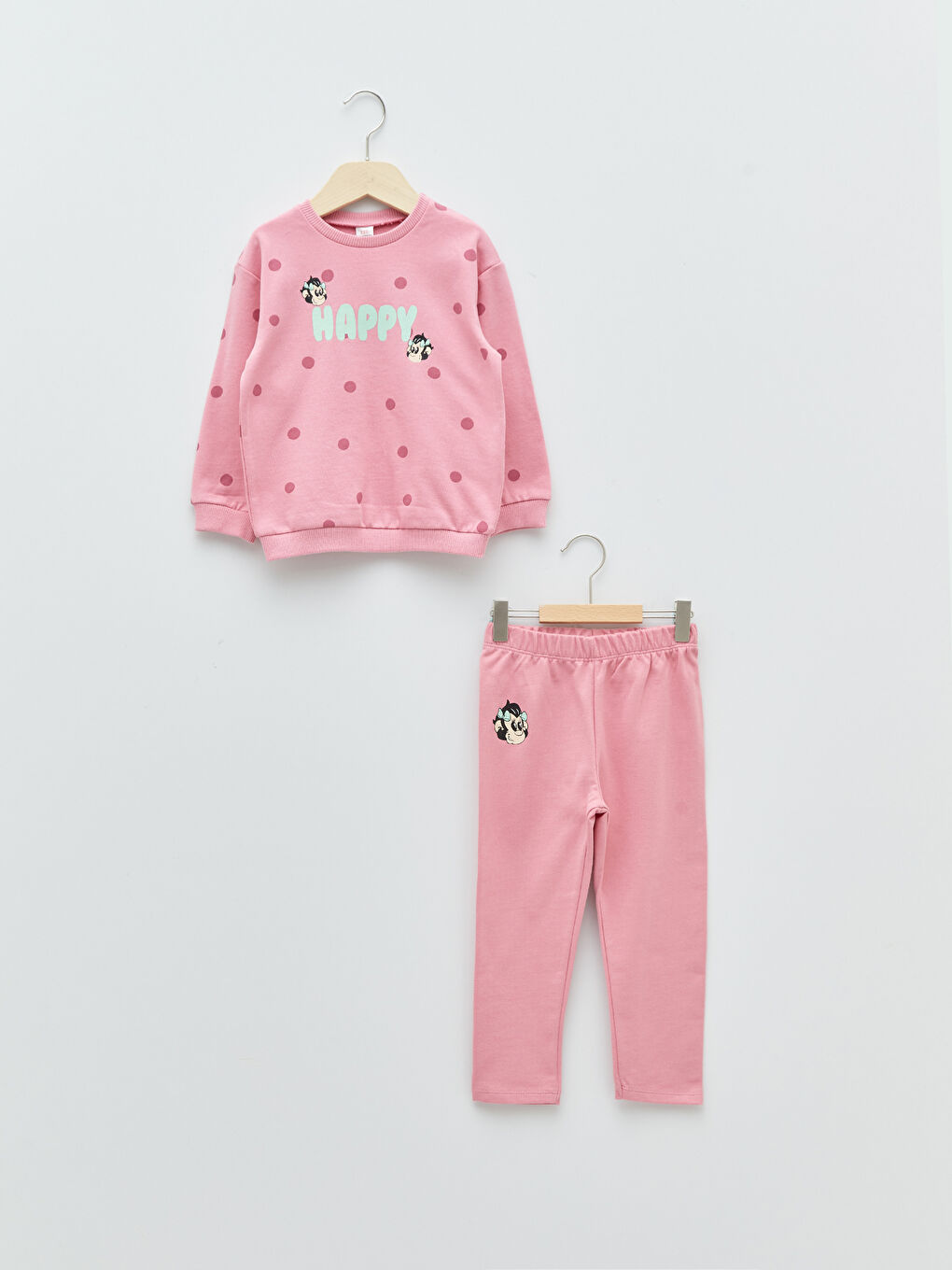 Pembe Bisiklet Yaka Uzun Kollu Nostaljik Maymun Baskılı Pamuklu Kız Bebek Sweatshirt ve Pantolon 2'li Takım-7