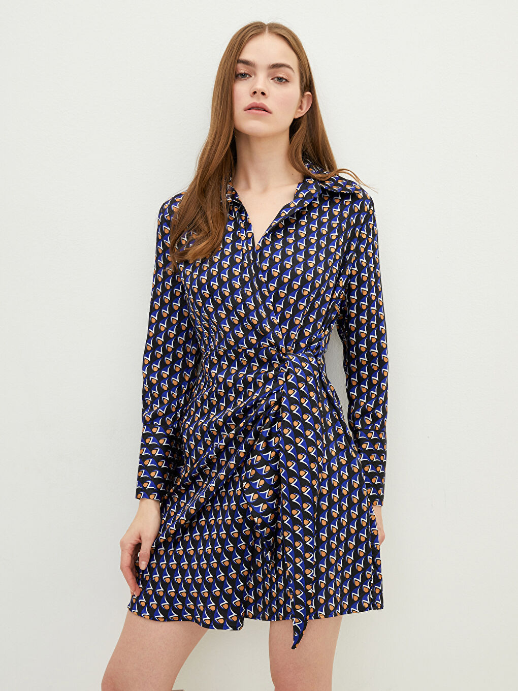 Patterned Long Sleeve Satin Women's Shirt Dress-2