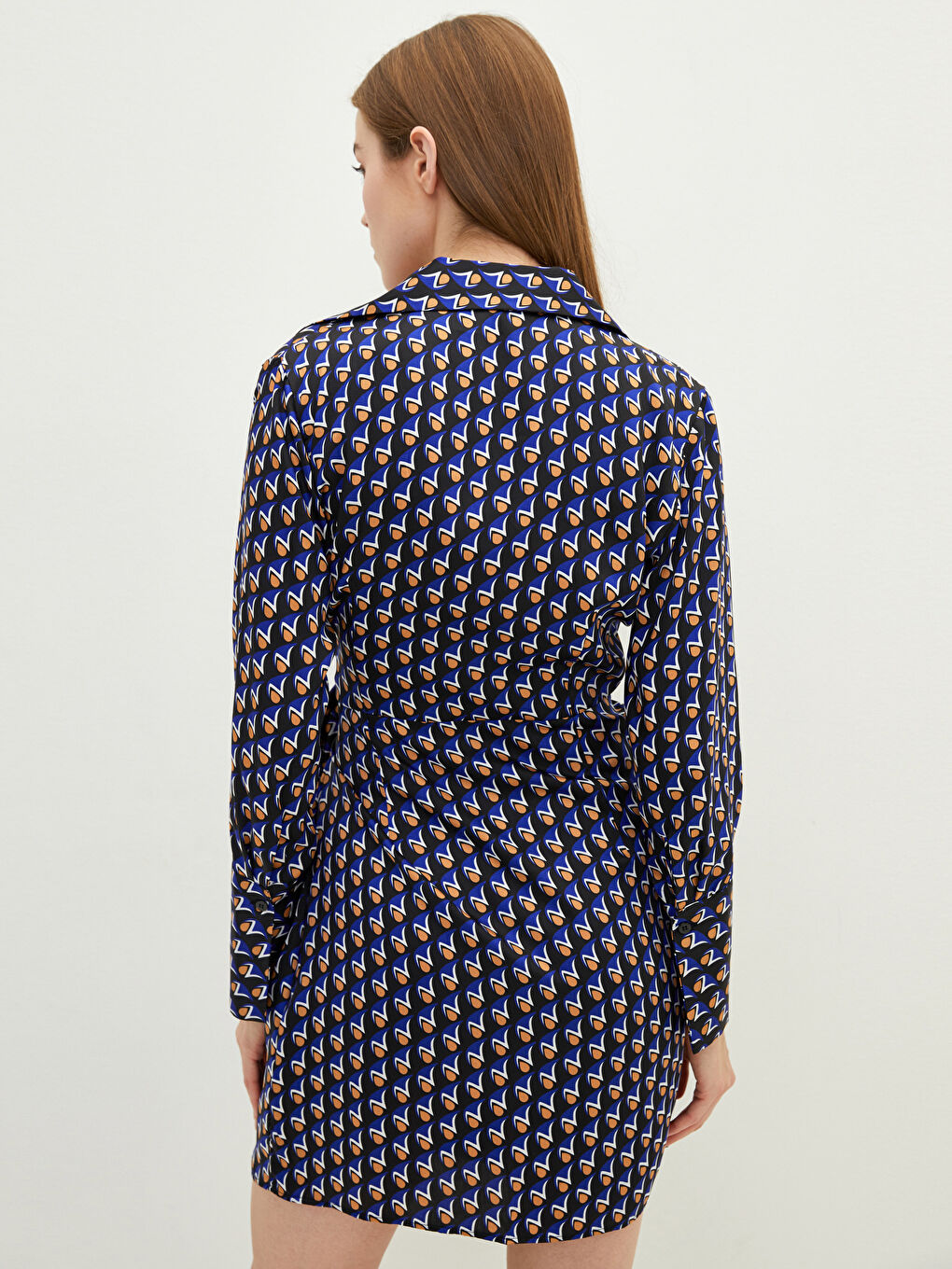 Patterned Long Sleeve Satin Women's Shirt Dress-4