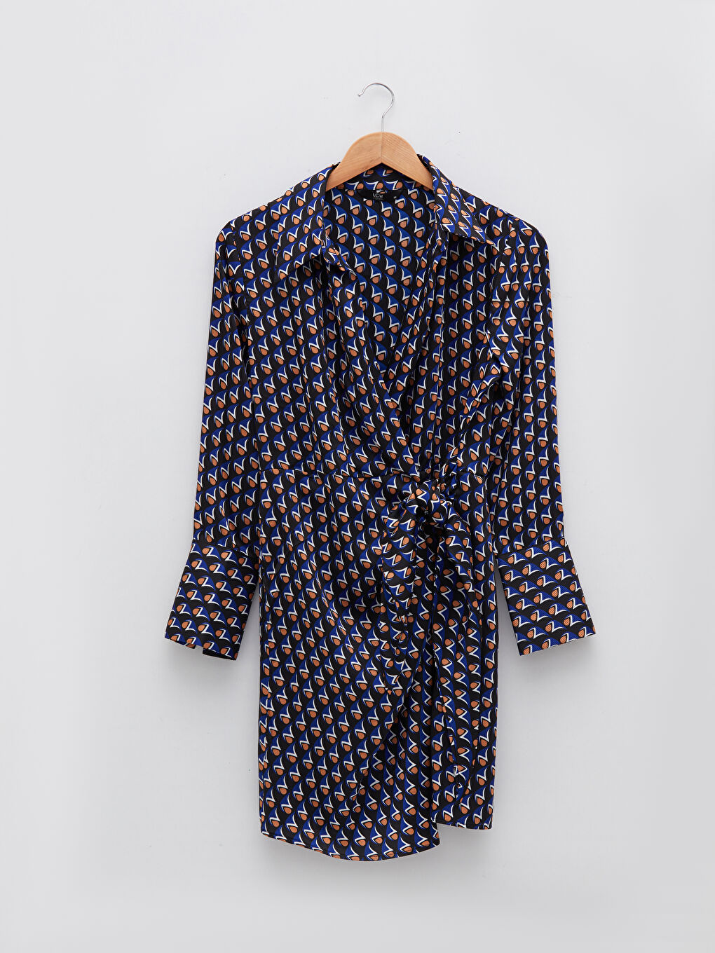 Patterned Long Sleeve Satin Women's Shirt Dress-5