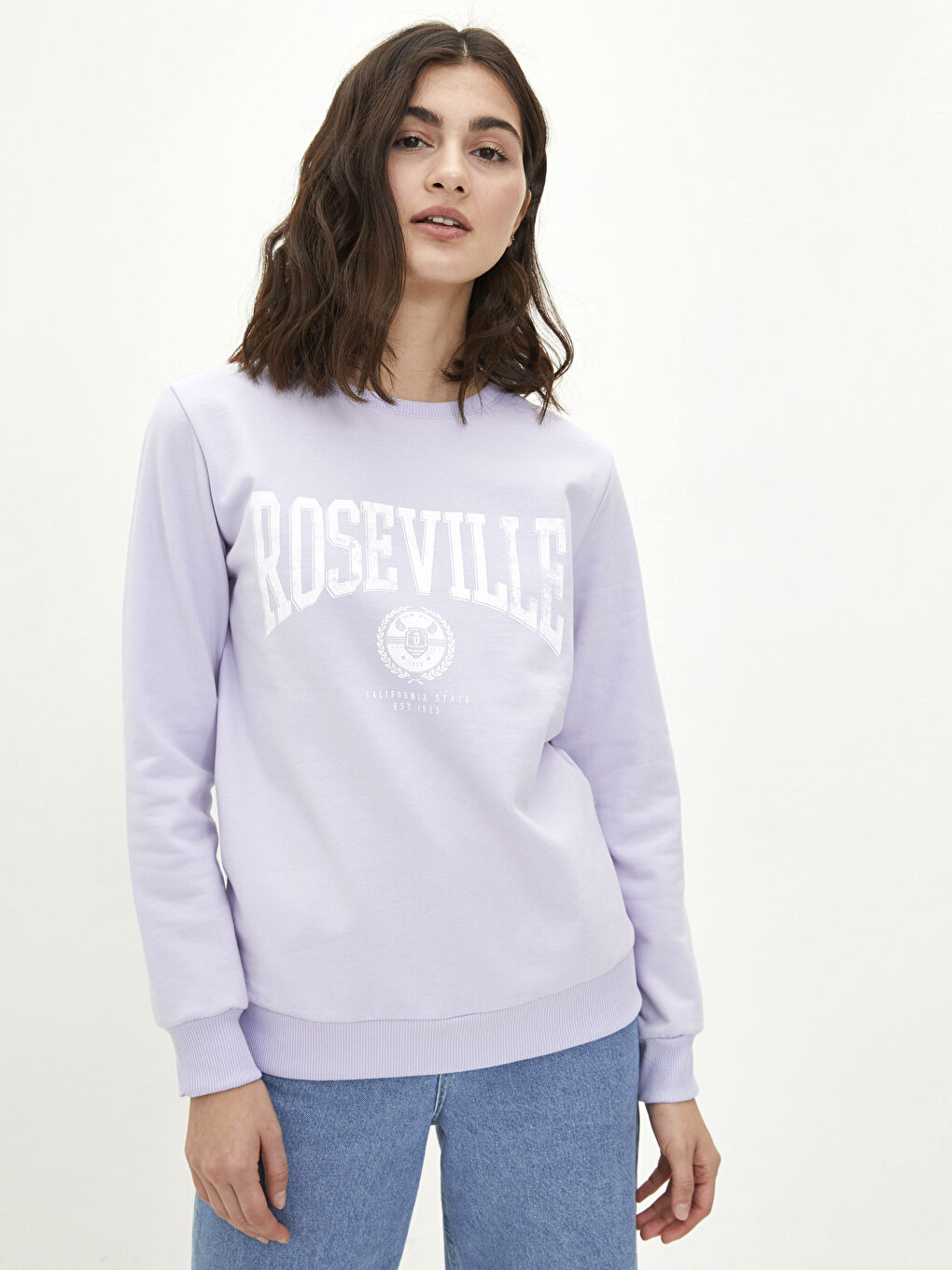 Lila Bisiklet Yaka Baskılı Uzun Kollu Kadın Sweatshirt