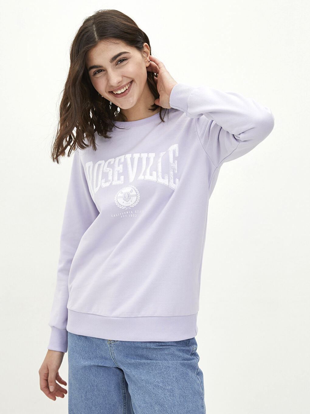 Lila Bisiklet Yaka Baskılı Uzun Kollu Kadın Sweatshirt-1