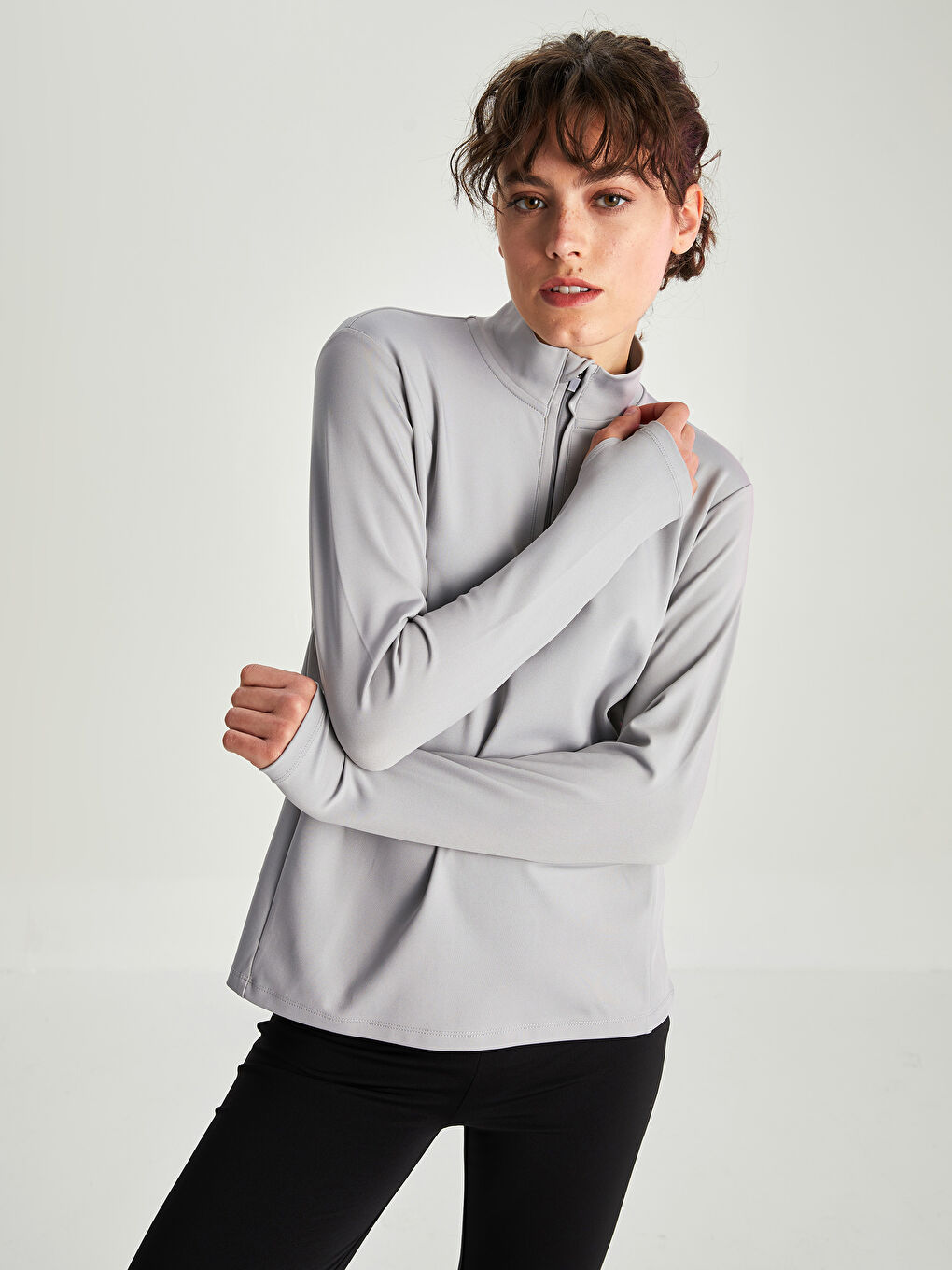 Gri Dik Yaka Baskılı Uzun Kollu Kadın Outdoor Tişört-1