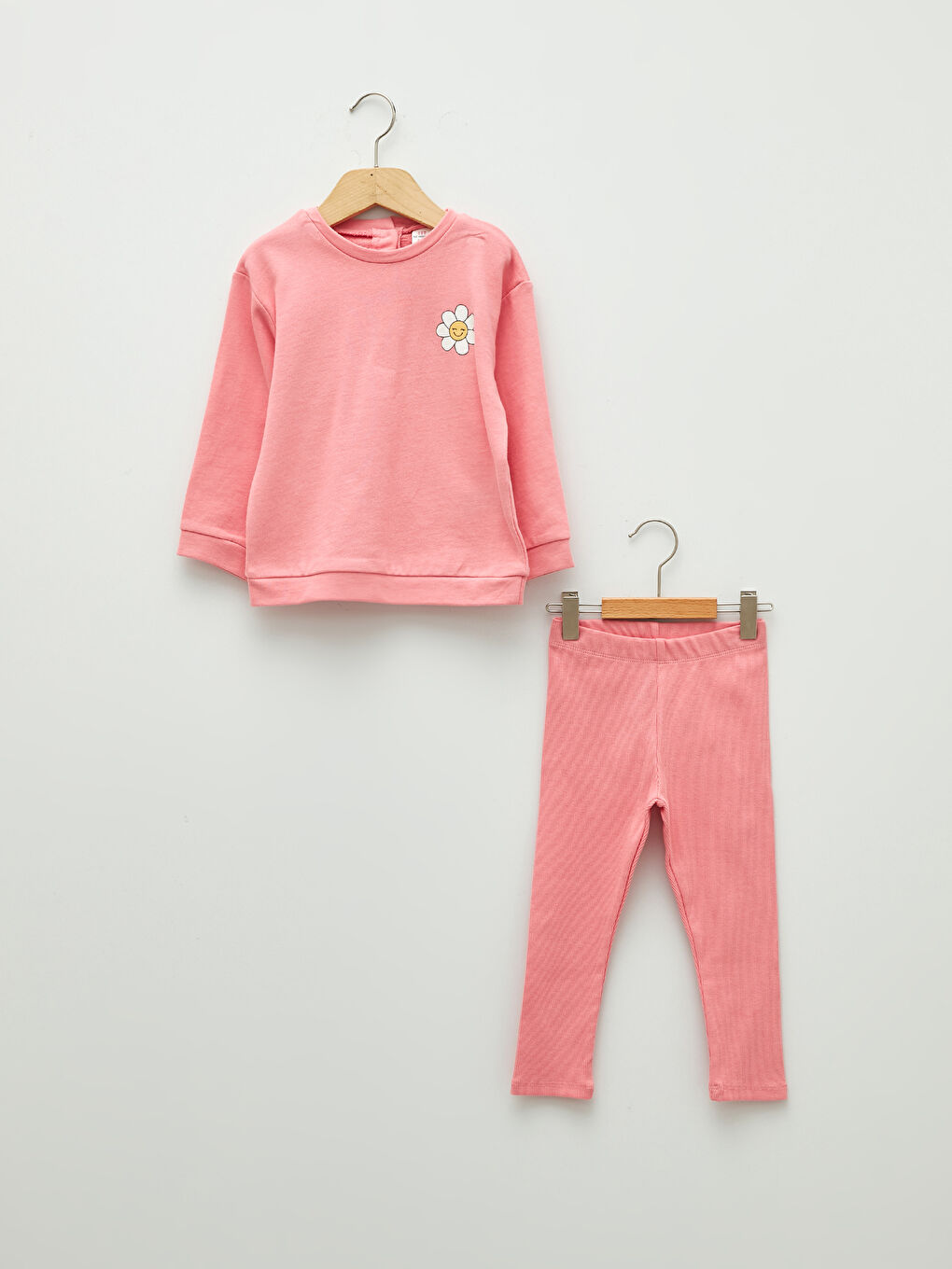 Pembe Bisiklet Yaka Uzun Kollu Baskılı Kız Bebek Sweatshirt ve Tayt 2'li Takım