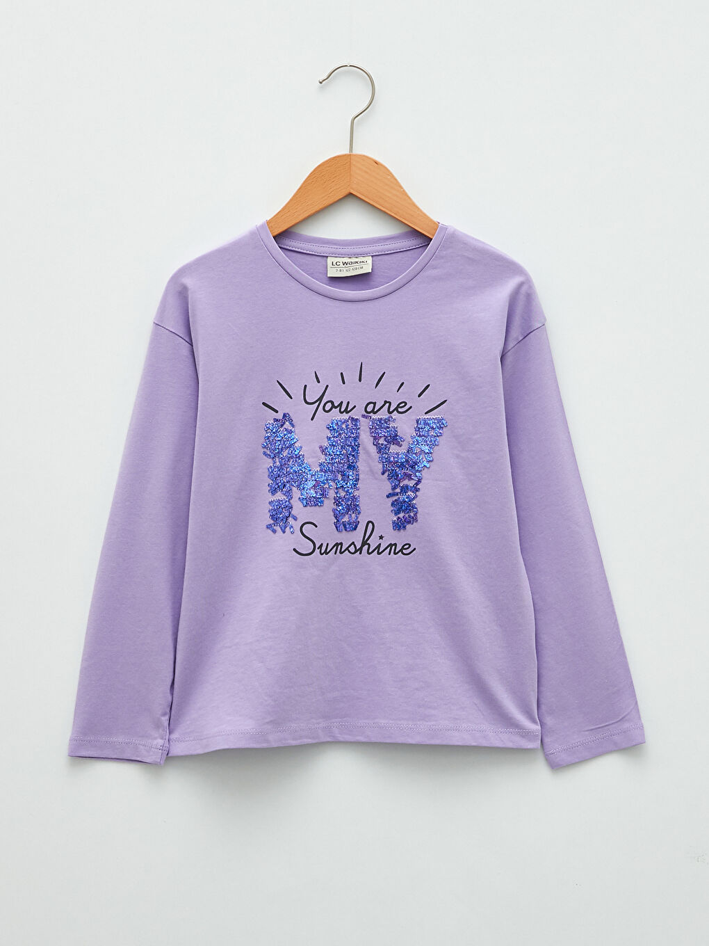 Lila Bisiklet Yaka Baskılı Pul İşlemeli Uzun Kollu Kız Çocuk Tişört