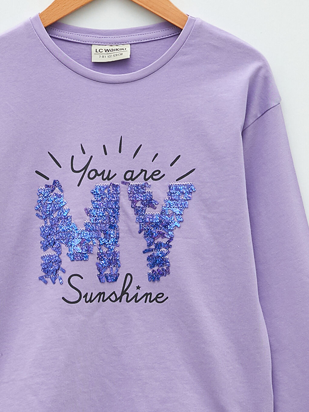 Lila Bisiklet Yaka Baskılı Pul İşlemeli Uzun Kollu Kız Çocuk Tişört-2