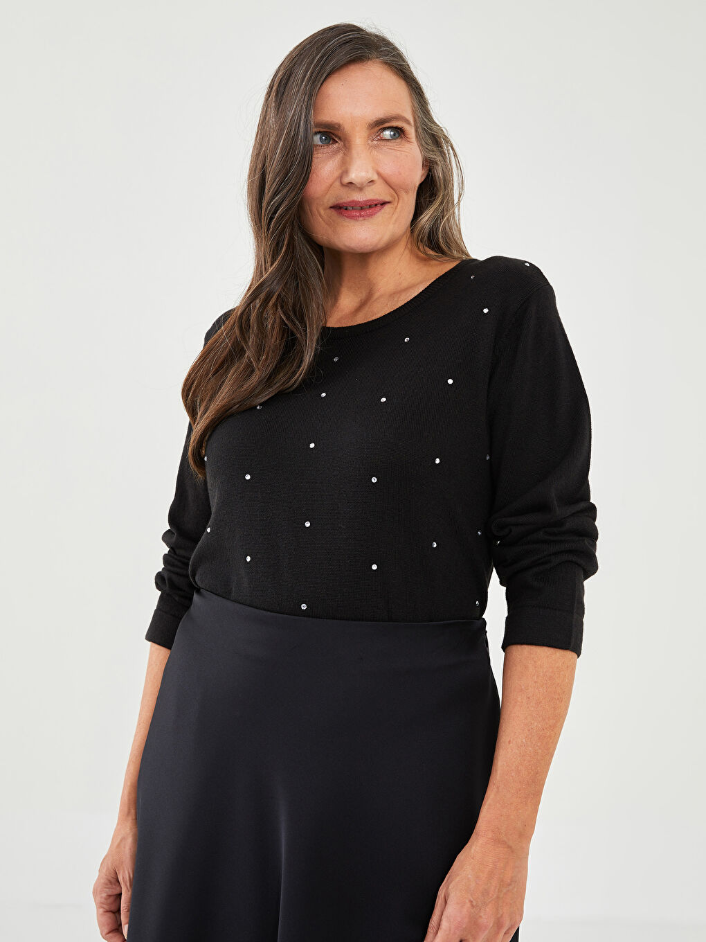 LCW Grace Rundhalsausschnitt Mit Strasssteinchen Verziert Für Damen Strickpullover -W1L236Z8-CVL
