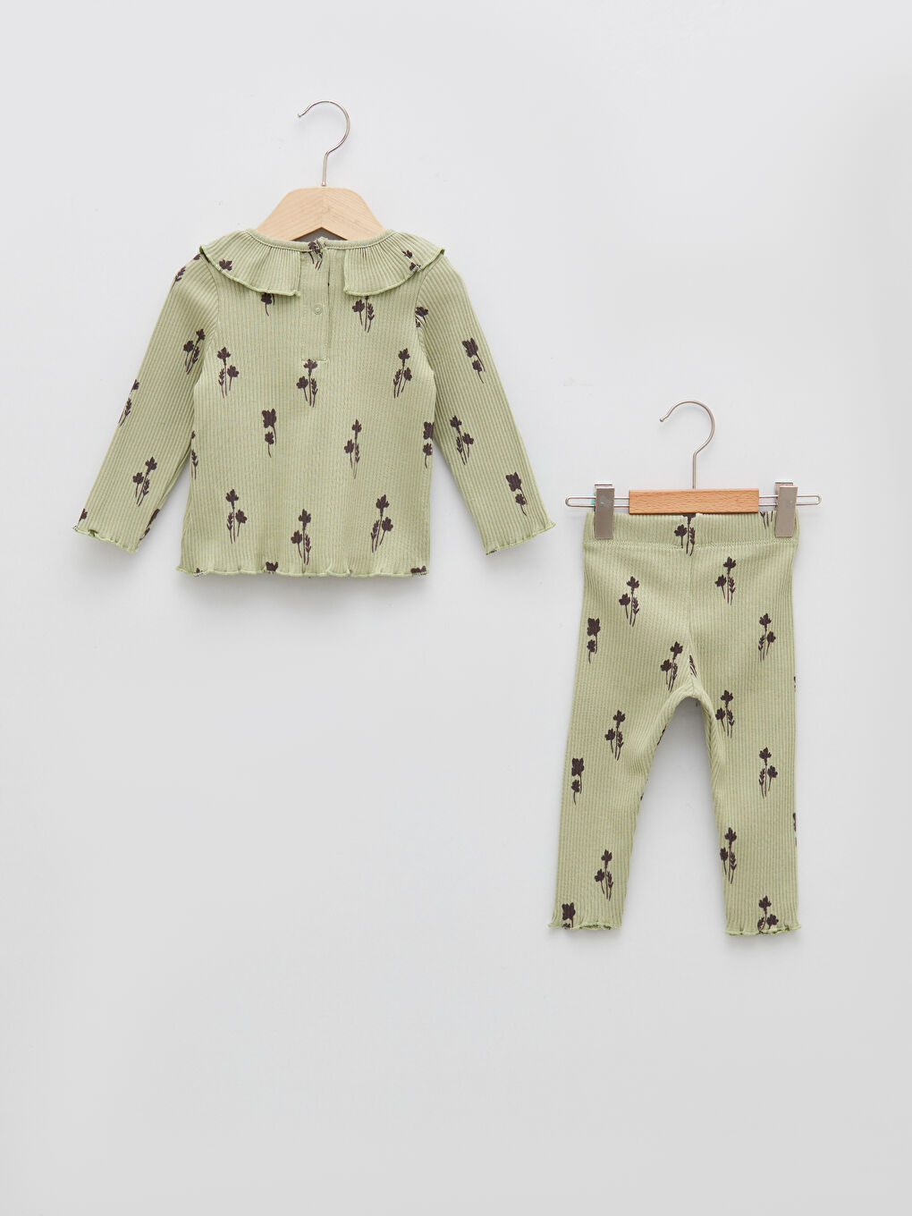 Yeşil Bisiklet Yaka Uzun Kollu Baskılı Kız Bebek Sweatshirt ve Tayt 2'li Takım-1