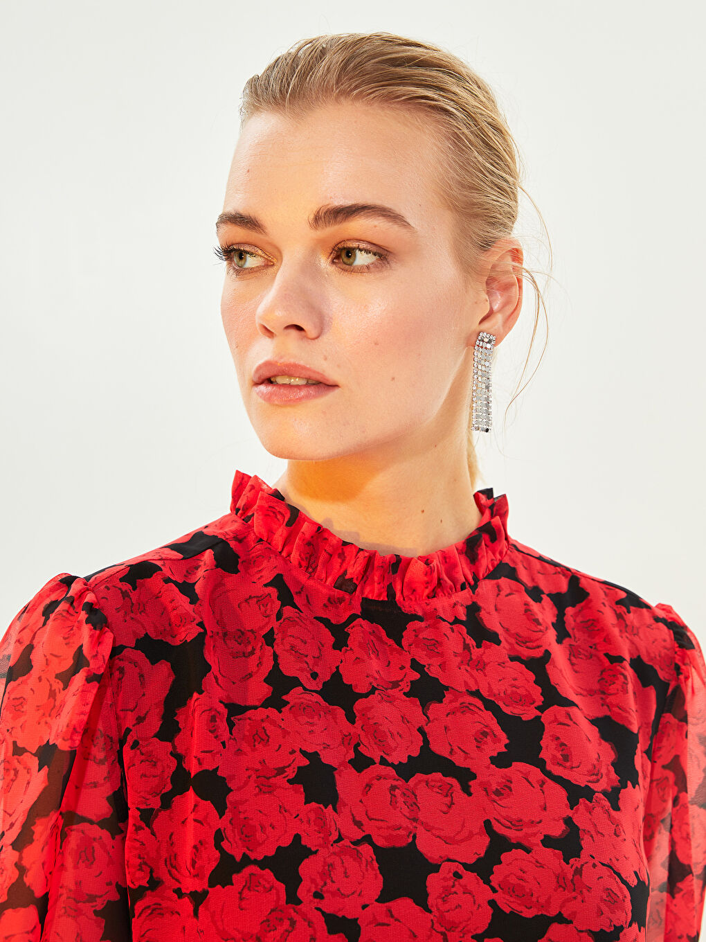 Kırmızı Fırfırlı Dik Yaka Çiçekli Uzun Kollu Kadın Elbise-3