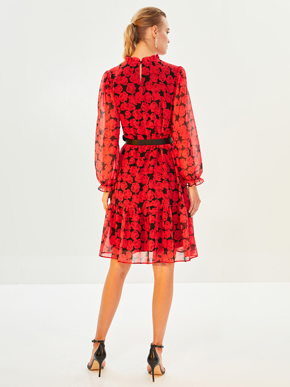 Kırmızı Fırfırlı Dik Yaka Çiçekli Uzun Kollu Kadın Elbise-4