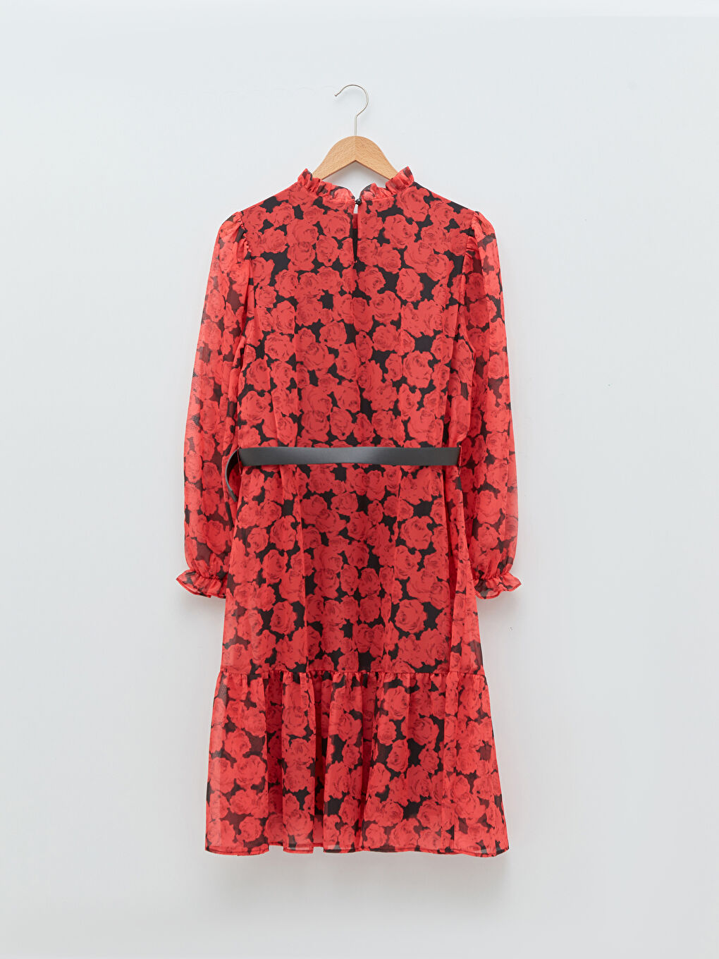 Kırmızı Fırfırlı Dik Yaka Çiçekli Uzun Kollu Kadın Elbise-7