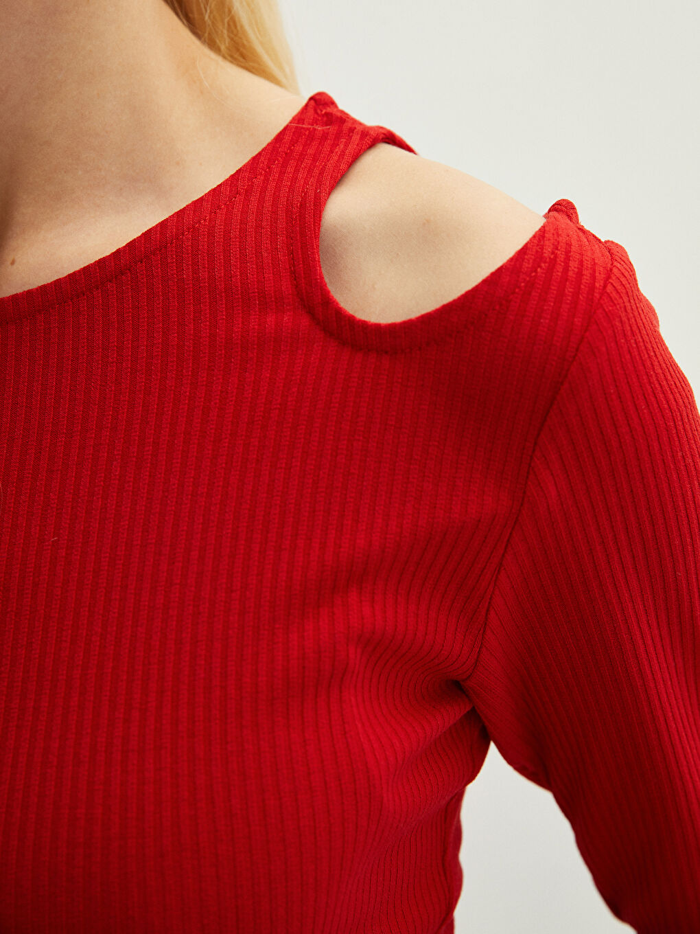 Kırmızı Bisiklet Yaka DÜz Uzun Kollu Kaşkorse Kumaş Kadın Tişört-3