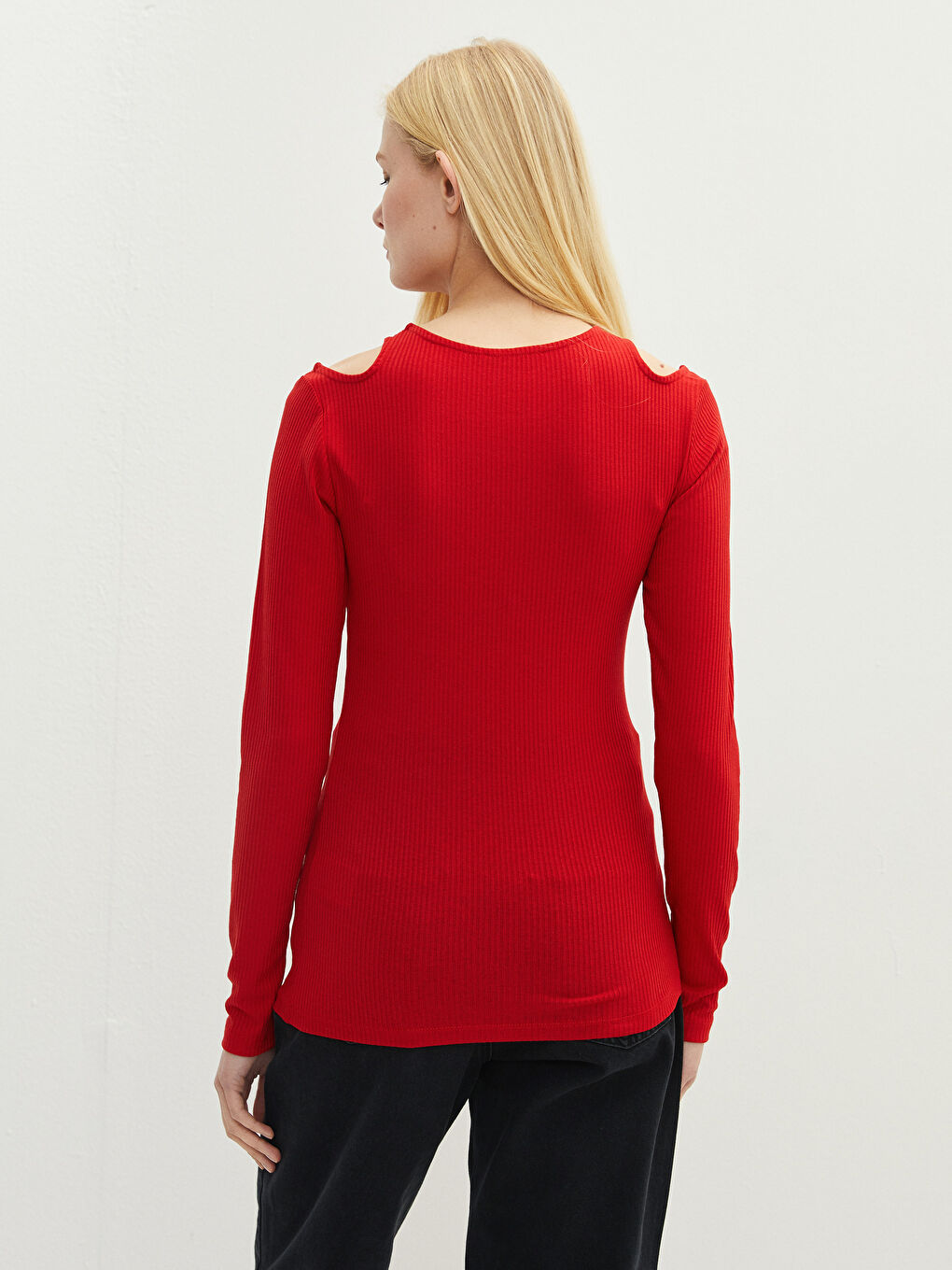 Kırmızı Bisiklet Yaka DÜz Uzun Kollu Kaşkorse Kumaş Kadın Tişört-4