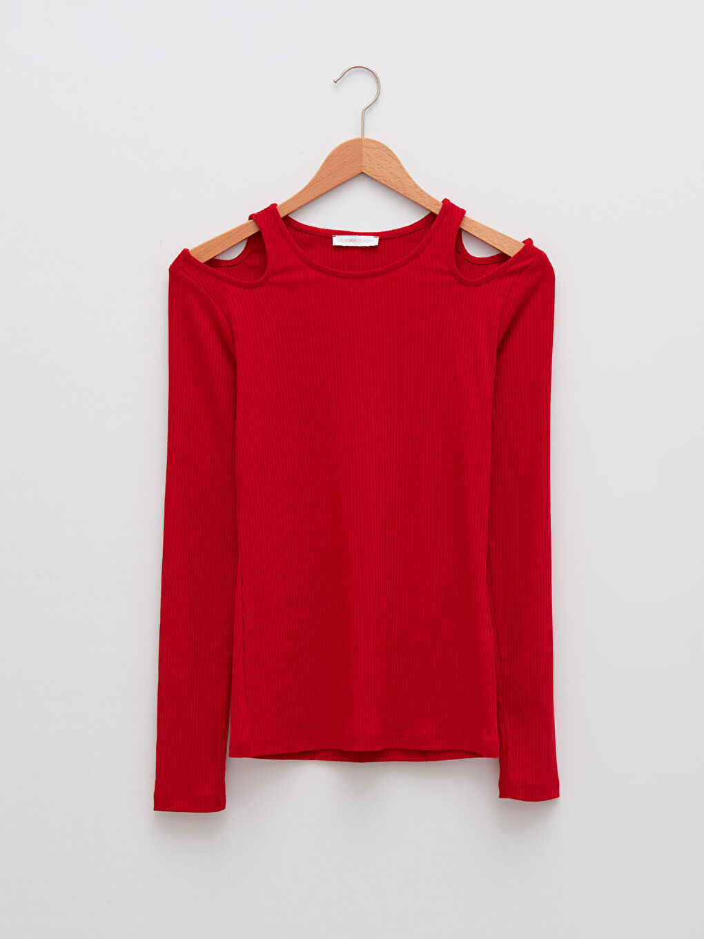 Kırmızı Bisiklet Yaka DÜz Uzun Kollu Kaşkorse Kumaş Kadın Tişört-5