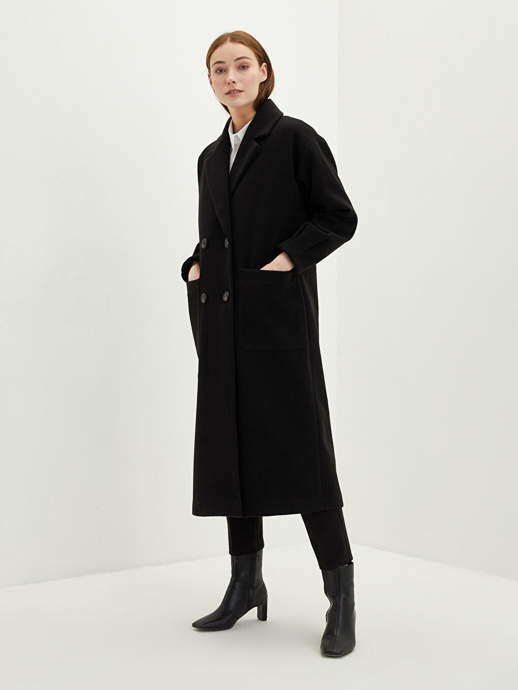 Siyah Ceket Yaka Cep Detaylı Uzun Kollu Kadın Kaşe Kaban-2