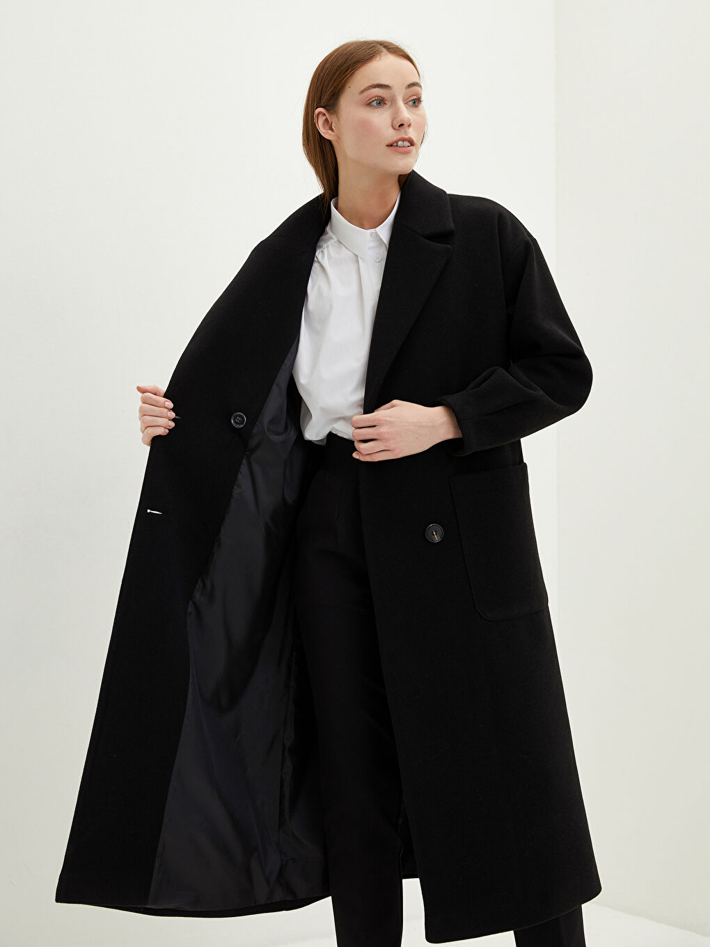 Siyah Ceket Yaka Cep Detaylı Uzun Kollu Kadın Kaşe Kaban-4