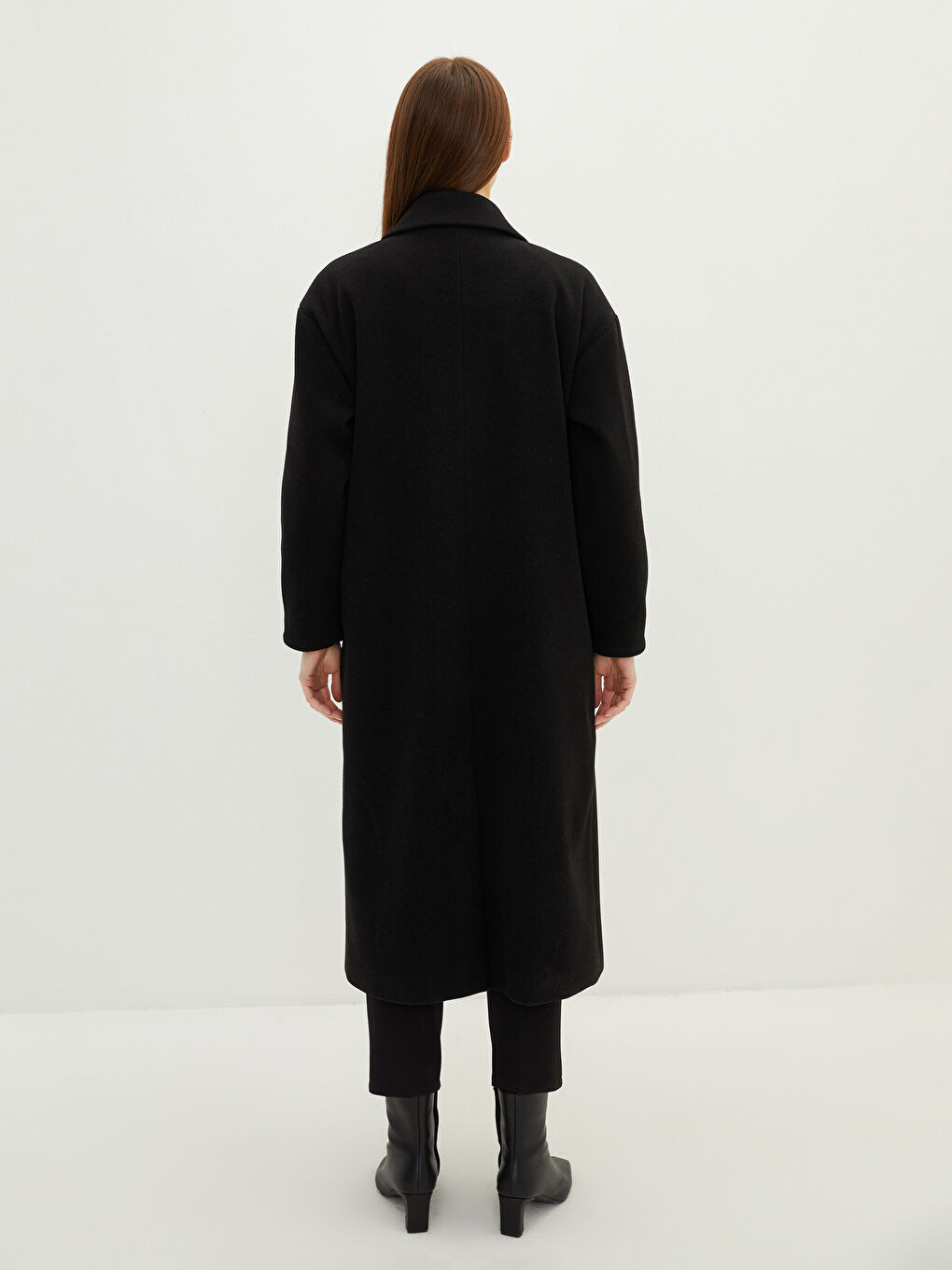 Siyah Ceket Yaka Cep Detaylı Uzun Kollu Kadın Kaşe Kaban-5