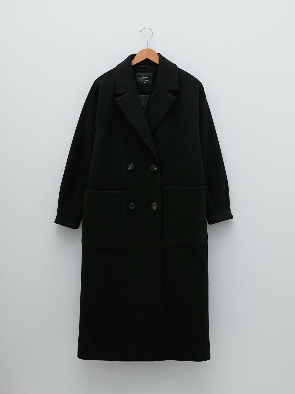 Siyah Ceket Yaka Cep Detaylı Uzun Kollu Kadın Kaşe Kaban-6