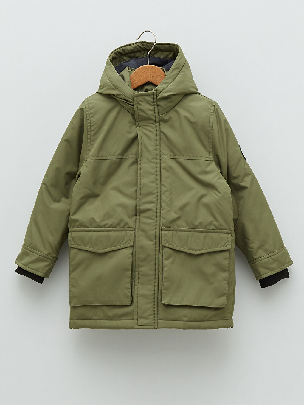 Haki Kapüşonlu Erkek Çocuk Kalın Mont