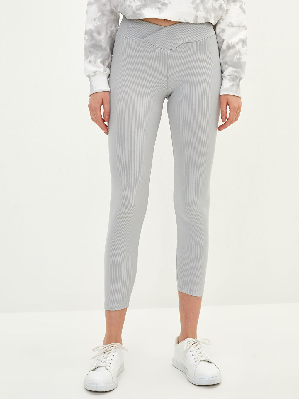 Gri Kadın Beli Lastikli Düz Tayt-2