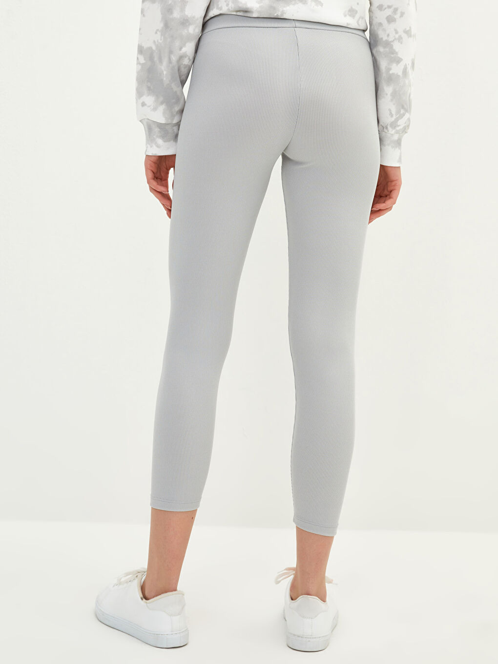 Gri Kadın Beli Lastikli Düz Tayt-4