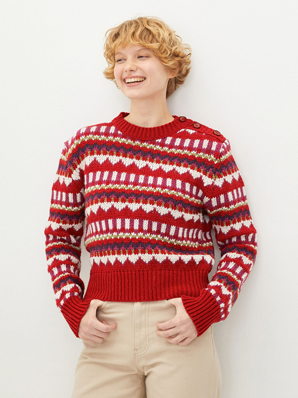 Kırmızı Bisiklet Yaka Desenli Uzun Kollu Kadın Triko Kazak