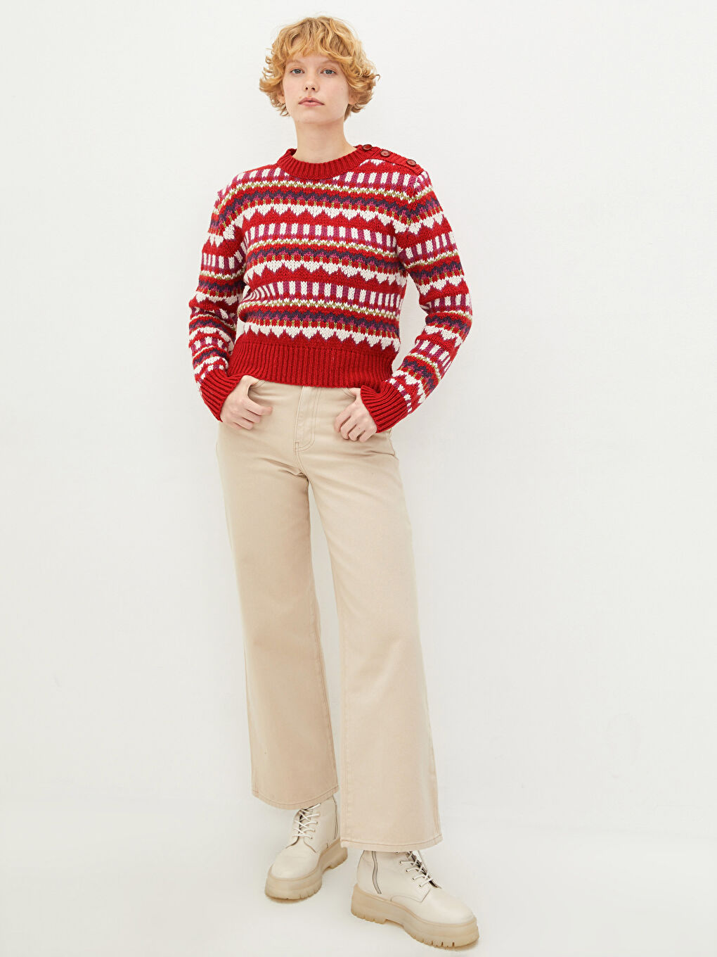 Kırmızı Bisiklet Yaka Desenli Uzun Kollu Kadın Triko Kazak-1