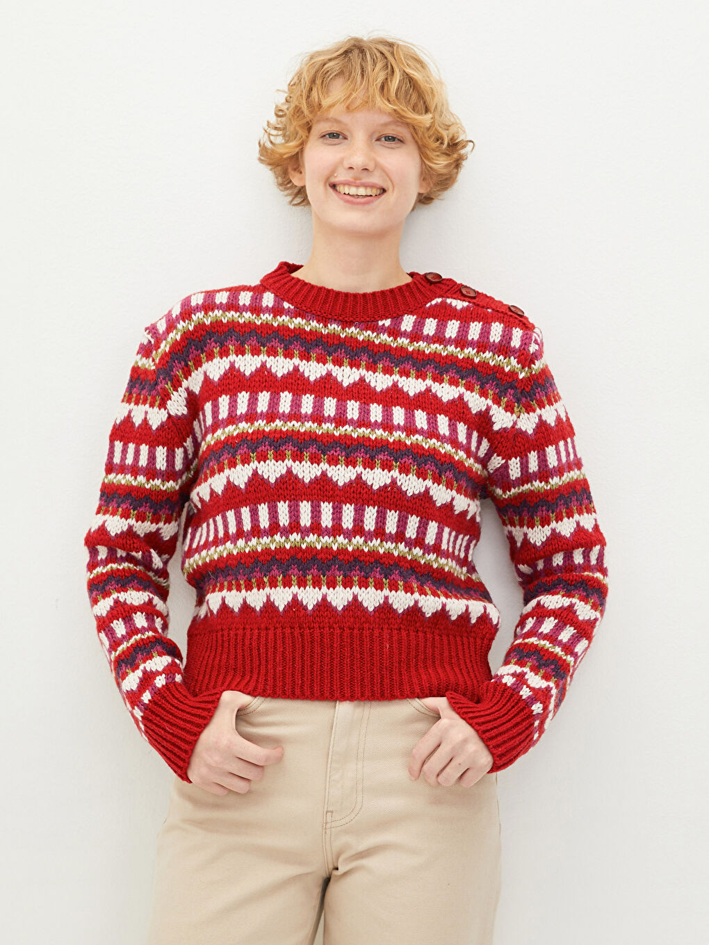 Kırmızı Bisiklet Yaka Desenli Uzun Kollu Kadın Triko Kazak-2