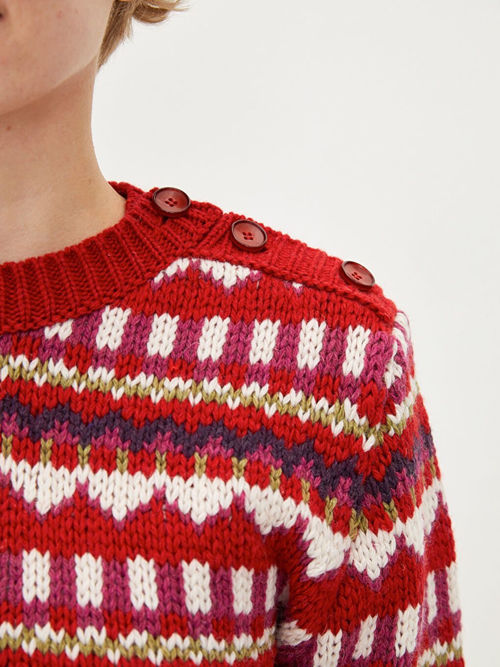 Kırmızı Bisiklet Yaka Desenli Uzun Kollu Kadın Triko Kazak-3