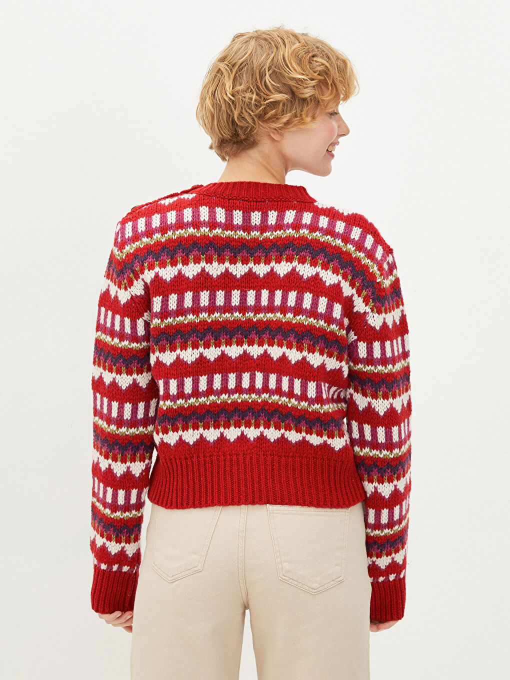 Kırmızı Bisiklet Yaka Desenli Uzun Kollu Kadın Triko Kazak-4