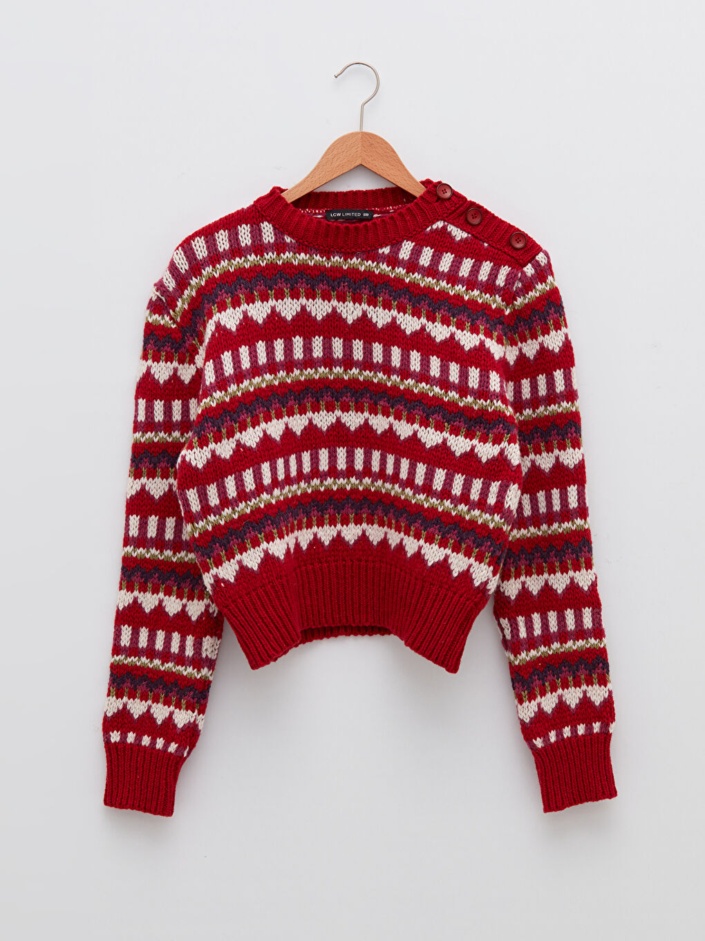 Kırmızı Bisiklet Yaka Desenli Uzun Kollu Kadın Triko Kazak-5