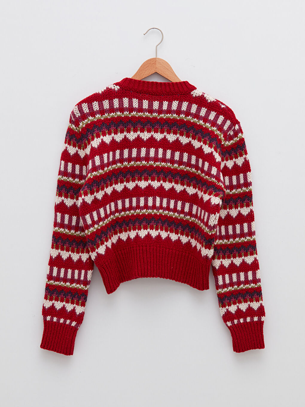 Kırmızı Bisiklet Yaka Desenli Uzun Kollu Kadın Triko Kazak-6