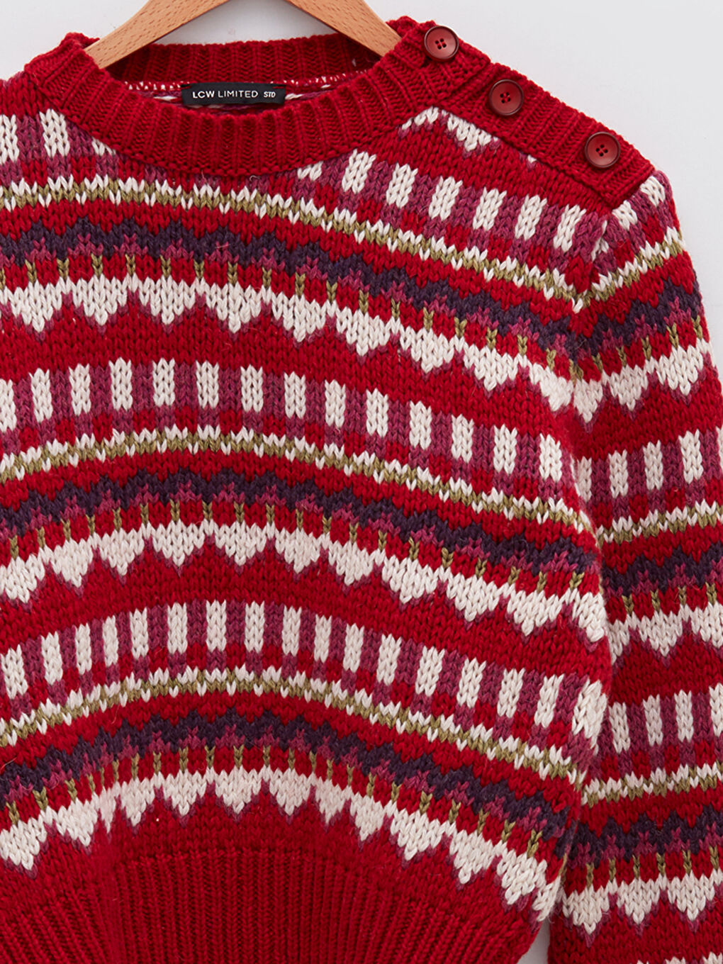 Kırmızı Bisiklet Yaka Desenli Uzun Kollu Kadın Triko Kazak-7