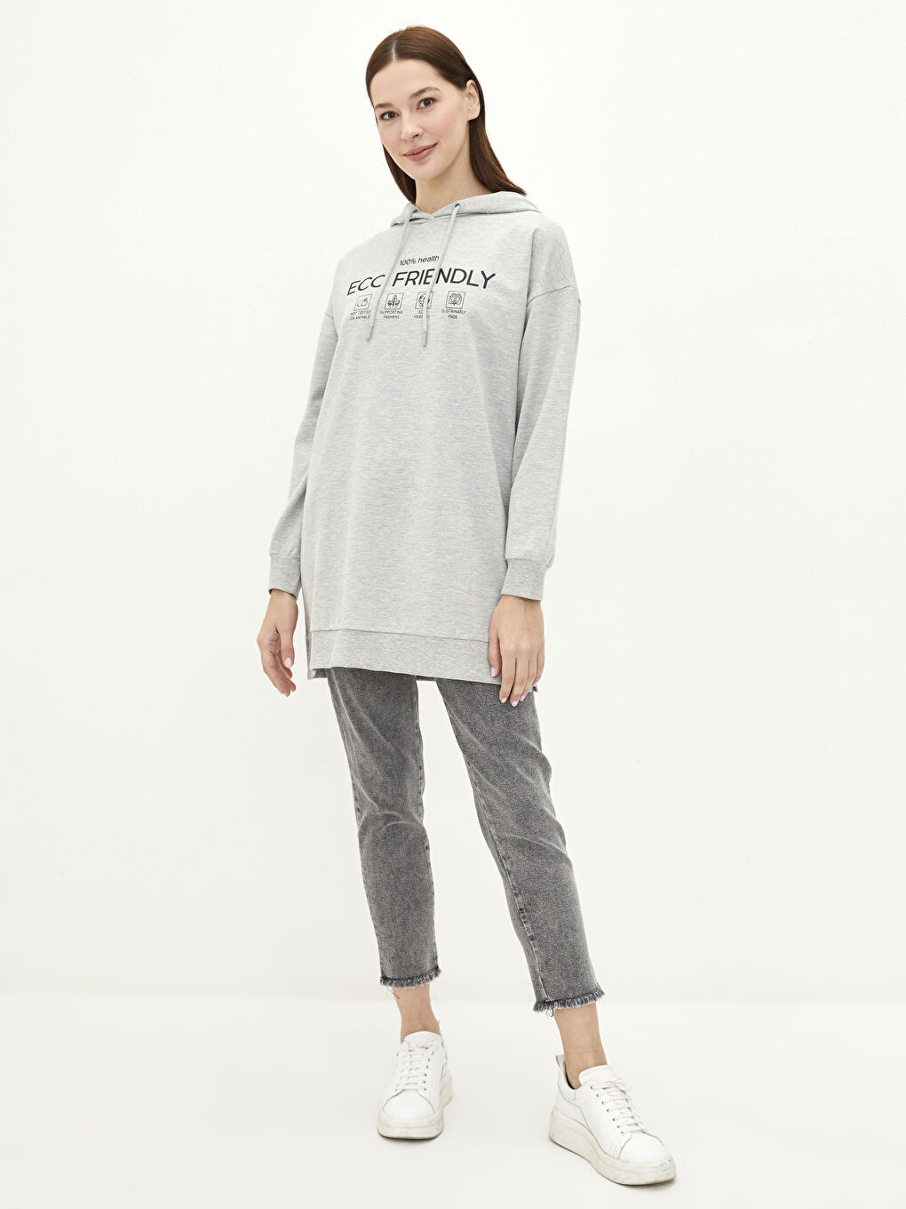 Gri Kapüşonlu Baskılı Oversize Kadın Sweatshirt Tunik-1